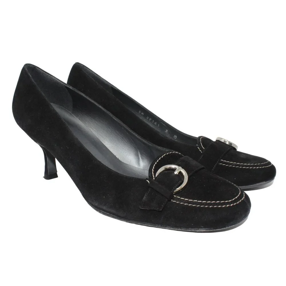 Stuart Weitzman Size 9M Black Suede Leather Madeline Buckle Detail Kitten Heels - Picture 2 of 11
